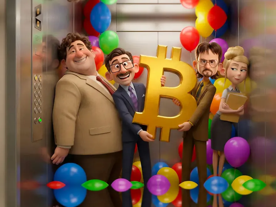 Banner scene three: four workmates crammed inside a balloon-stuffed lift, hoisting an oversized gold Bitcoin sign