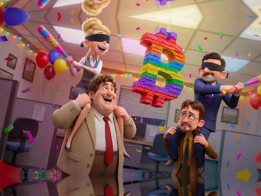 Banner scene four: a confetti-strewn office party where two blindfolded workmates, riding on shoulders, whack a rainbow Bitcoin piñata