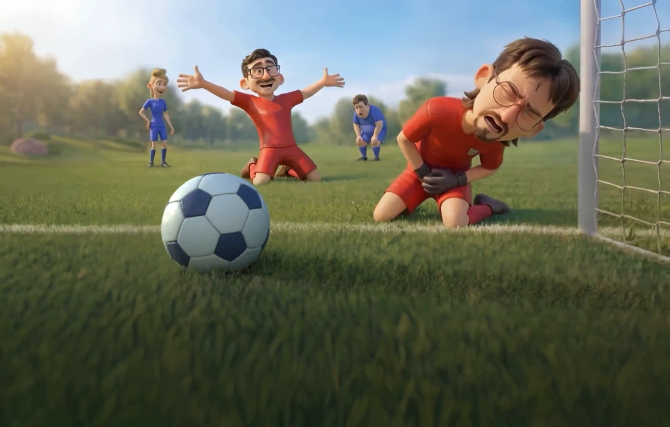 Banner scene two: the same colleagues on a football field; the manager, dressed in red, drops to his knees to celebrate while the goalie folds over the ball between two nets